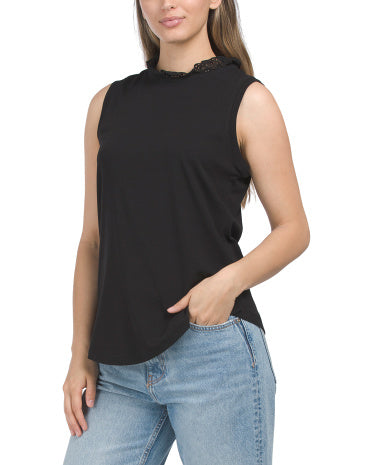 Sleeveless Ruffle Crew Neck Mixed Media Knit Tank Top for Women | Spandex/Rayon/Cotton