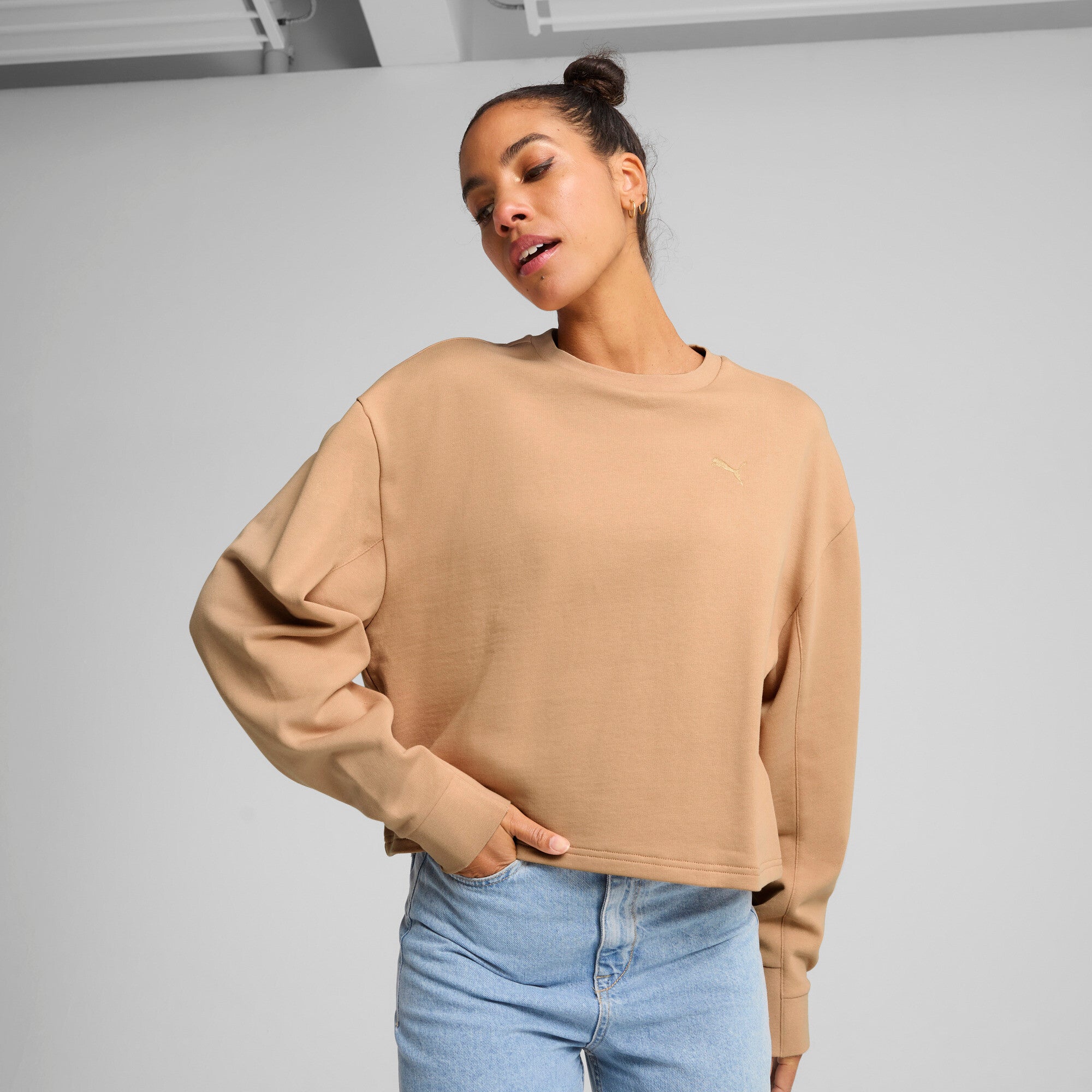 PUMA HER Women's Relaxed Crew Sweatshirt in Brown, Size XS