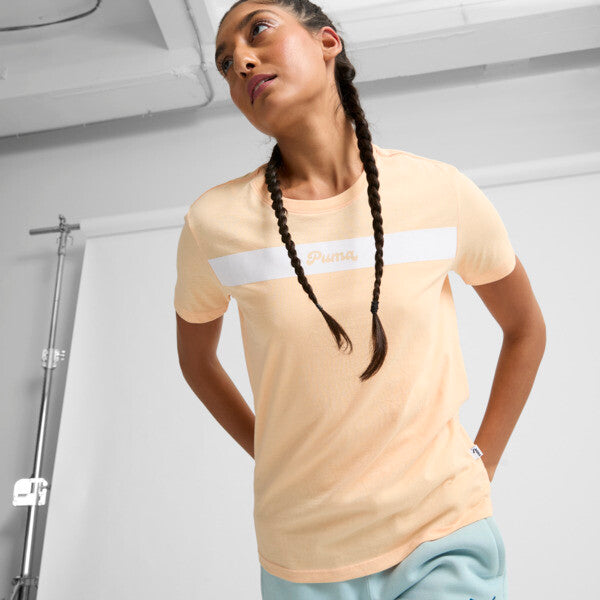 PUMA Upfront Line Logo Women's T-Shirt in Peach Fizz, Size XS