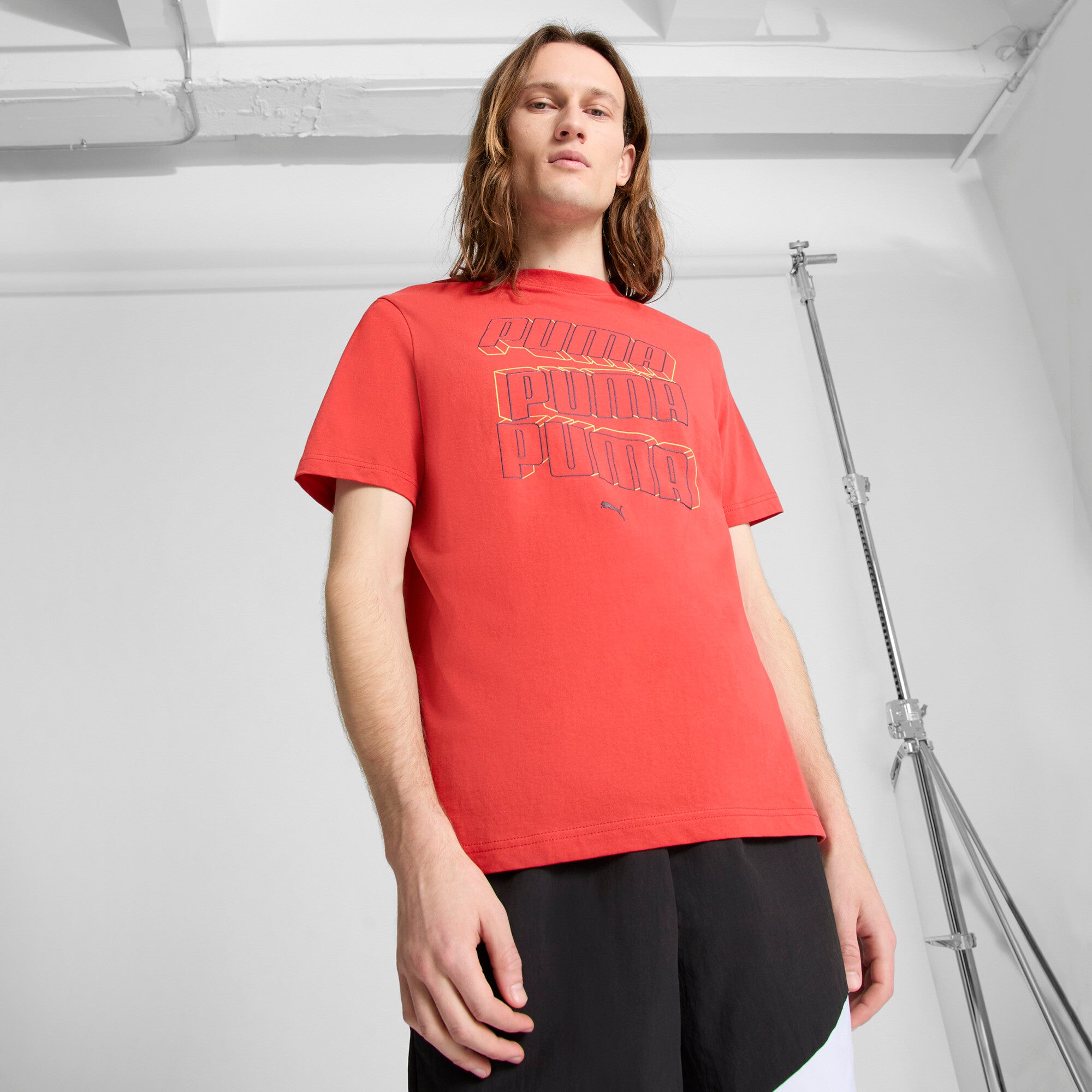 PUMA ESS Stacked Logo Men's T-Shirt in Red, Size L
