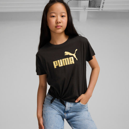 PUMA Essentials+ Logo Knotted T-Shirt Big Kids in Black/Gold, Size XS