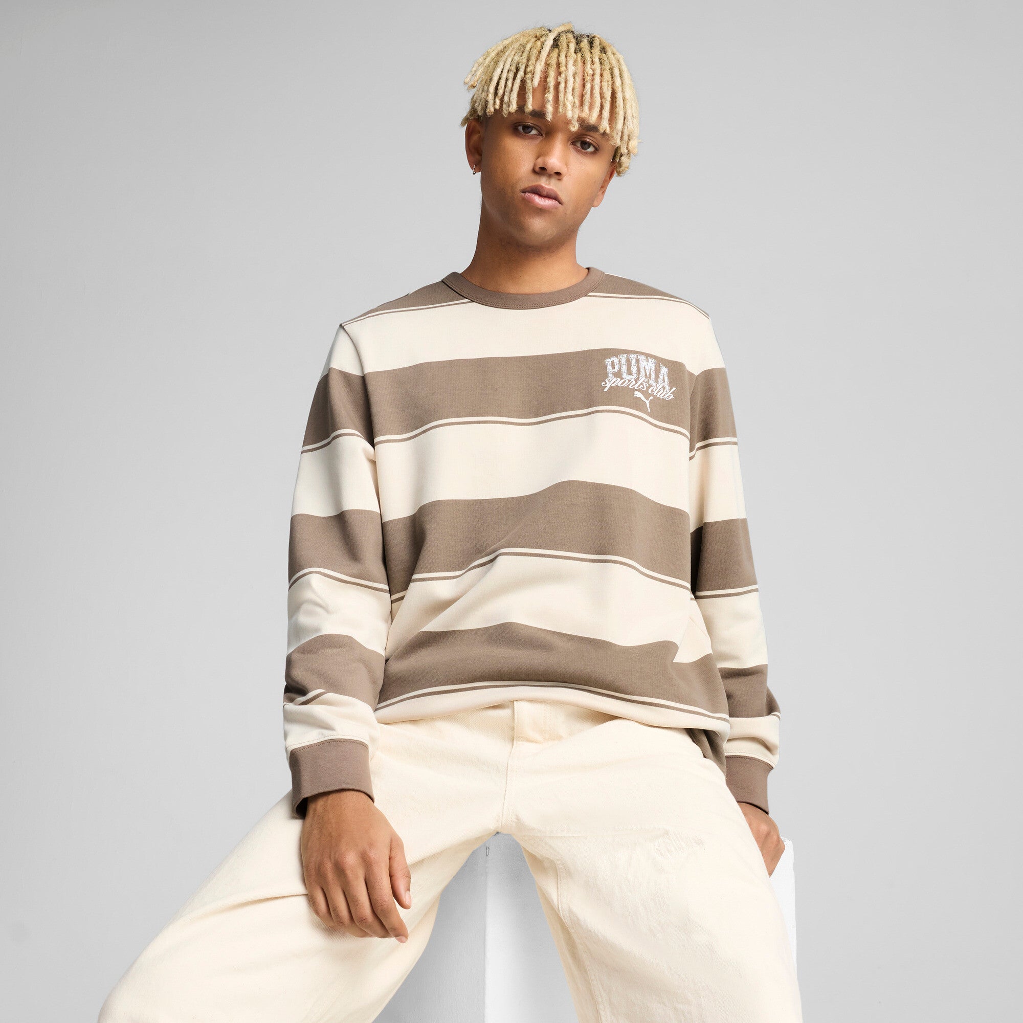 PUMA Class Men's Striped Crew Sweatshirt in Brown, Size S