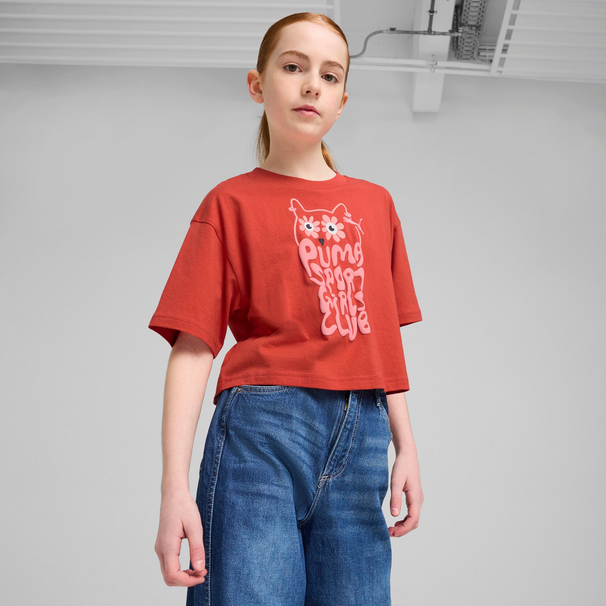 PUMA Graphics Big Kids' Short-Length T-Shirt in Red, Size XL